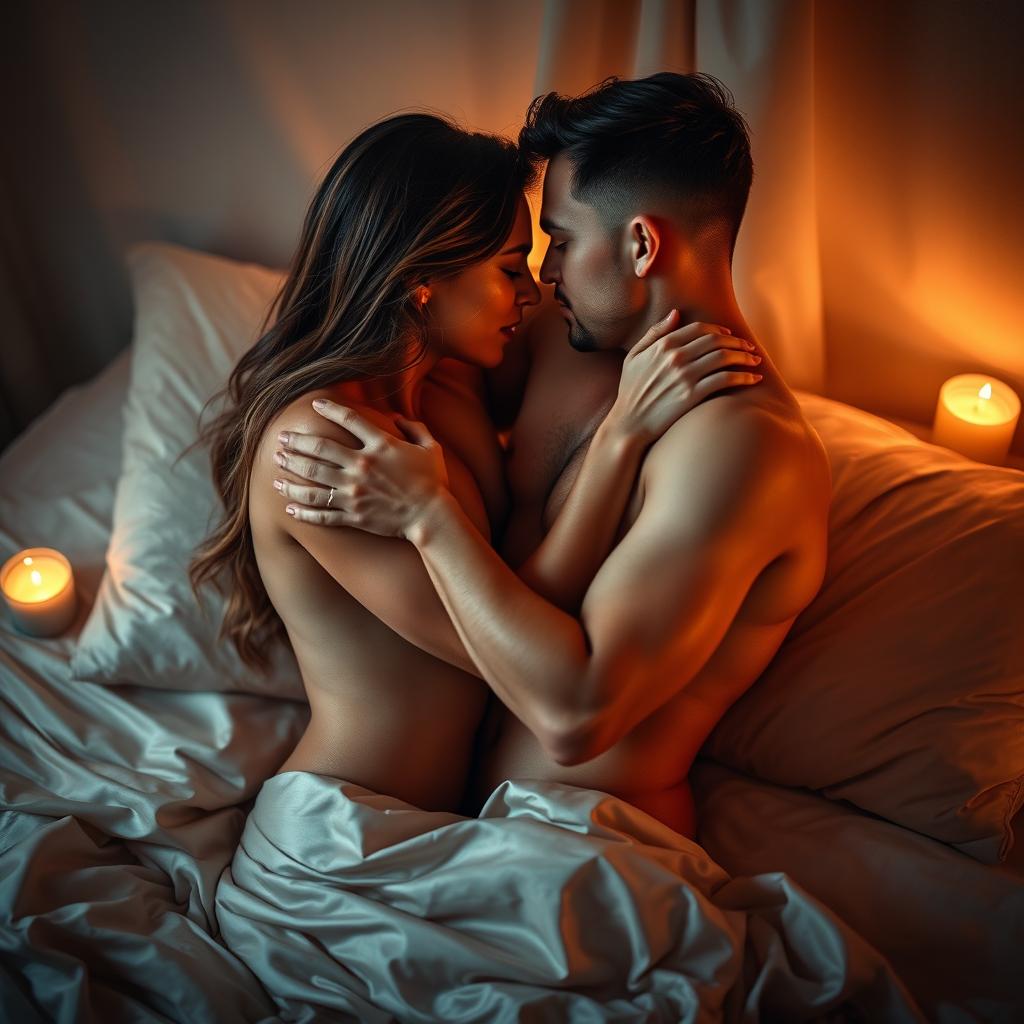 A sensual and intimate scene featuring a couple engaged in a passionate embrace, showcasing their chemistry and connection