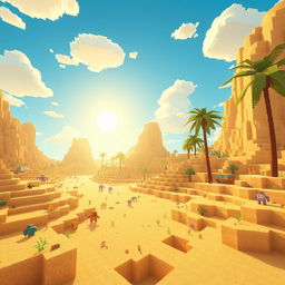 A vibrant Minecraft world filled with vast expanses of sandy terrain, animated in a charming and colorful style typical of Minecraft