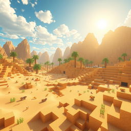 A vibrant Minecraft world filled with vast expanses of sandy terrain, animated in a charming and colorful style typical of Minecraft