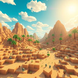 A vibrant Minecraft world filled with vast expanses of sandy terrain, animated in a charming and colorful style typical of Minecraft