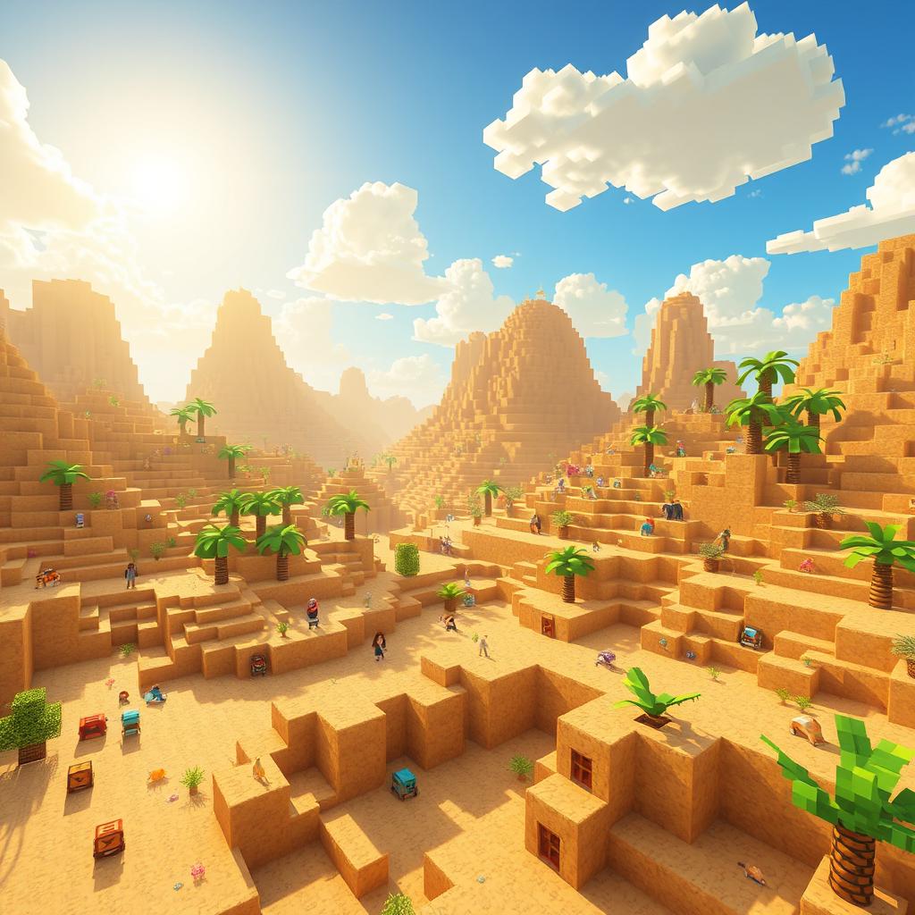 A vibrant Minecraft world filled with vast expanses of sandy terrain, animated in a charming and colorful style typical of Minecraft