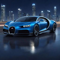 Animated depiction of a sleek and futuristic Bugatti Chiron with a deep blue glossy finish, aglow under bright city lights, parked on a vast asphalt road against an urban skyline.