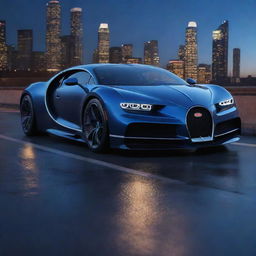 Animated depiction of a sleek and futuristic Bugatti Chiron with a deep blue glossy finish, aglow under bright city lights, parked on a vast asphalt road against an urban skyline.