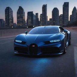 Animated depiction of a sleek and futuristic Bugatti Chiron with a deep blue glossy finish, aglow under bright city lights, parked on a vast asphalt road against an urban skyline.