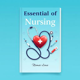 A book cover design for a nursing manual, featuring a stethoscope intertwined with a heart symbol, surrounded by nursing tools such as syringes and bandages