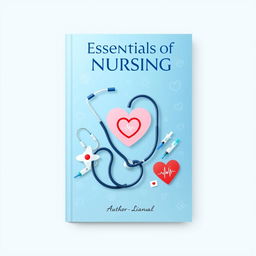 A book cover design for a nursing manual, featuring a stethoscope intertwined with a heart symbol, surrounded by nursing tools such as syringes and bandages