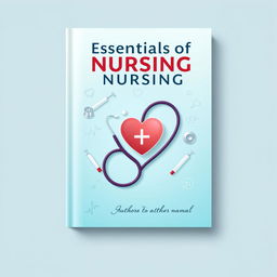 A book cover design for a nursing manual, featuring a stethoscope intertwined with a heart symbol, surrounded by nursing tools such as syringes and bandages