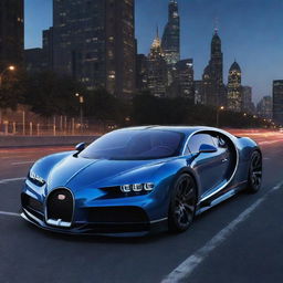 Animated depiction of a sleek and futuristic Bugatti Chiron with a deep blue glossy finish, aglow under bright city lights, parked on a vast asphalt road against an urban skyline.