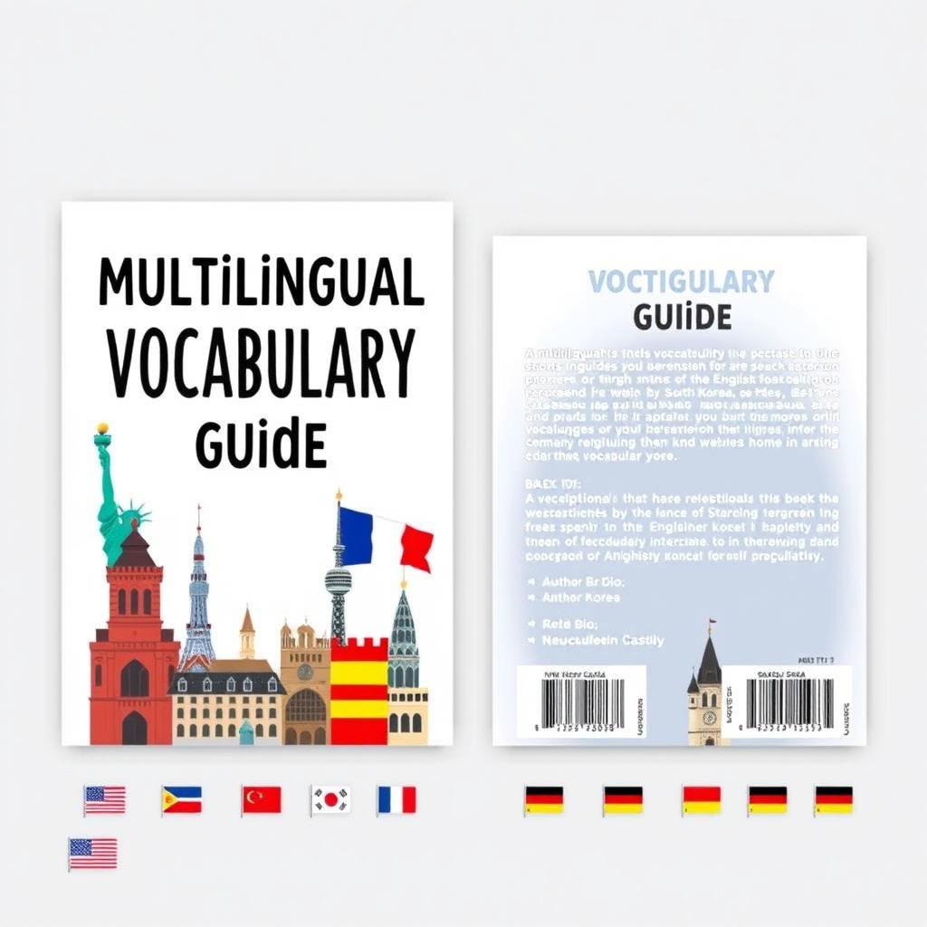 An illustrated ebook cover design for a 'Multilingual Vocabulary Guide' featuring vocabulary elements from English, Spanish, French, Korean, and German languages