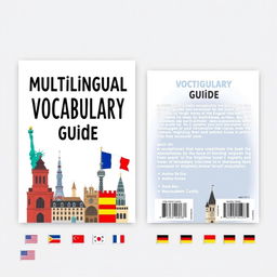 An illustrated ebook cover design for a 'Multilingual Vocabulary Guide' featuring vocabulary elements from English, Spanish, French, Korean, and German languages