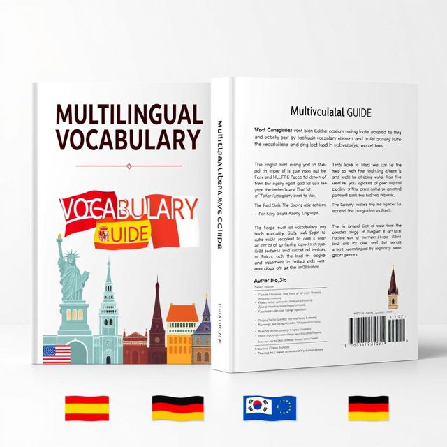 An illustrated ebook cover design for a 'Multilingual Vocabulary Guide' featuring vocabulary elements from English, Spanish, French, Korean, and German languages