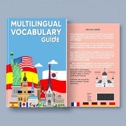 An illustrated ebook cover design for a 'Multilingual Vocabulary Guide' featuring vocabulary elements from English, Spanish, French, Korean, and German languages