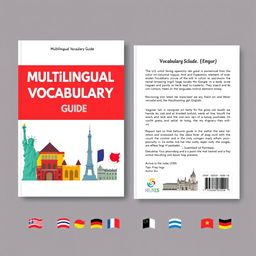 An illustrated ebook cover design for a 'Multilingual Vocabulary Guide' featuring vocabulary elements from English, Spanish, French, Korean, and German languages