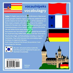 A creative back cover design for an ebook titled 'Multilingual Vocabulary Guide' that features vocabulary elements from English, Spanish, French, Korean, and German languages