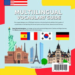 A creative back cover design for an ebook titled 'Multilingual Vocabulary Guide' that features vocabulary elements from English, Spanish, French, Korean, and German languages