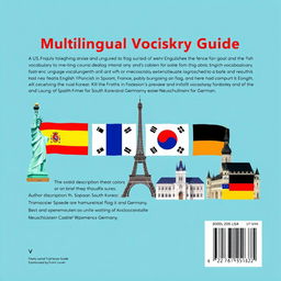 A creative back cover design for an ebook titled 'Multilingual Vocabulary Guide' that features vocabulary elements from English, Spanish, French, Korean, and German languages