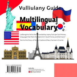 A creative back cover design for an ebook titled 'Multilingual Vocabulary Guide' that features vocabulary elements from English, Spanish, French, Korean, and German languages