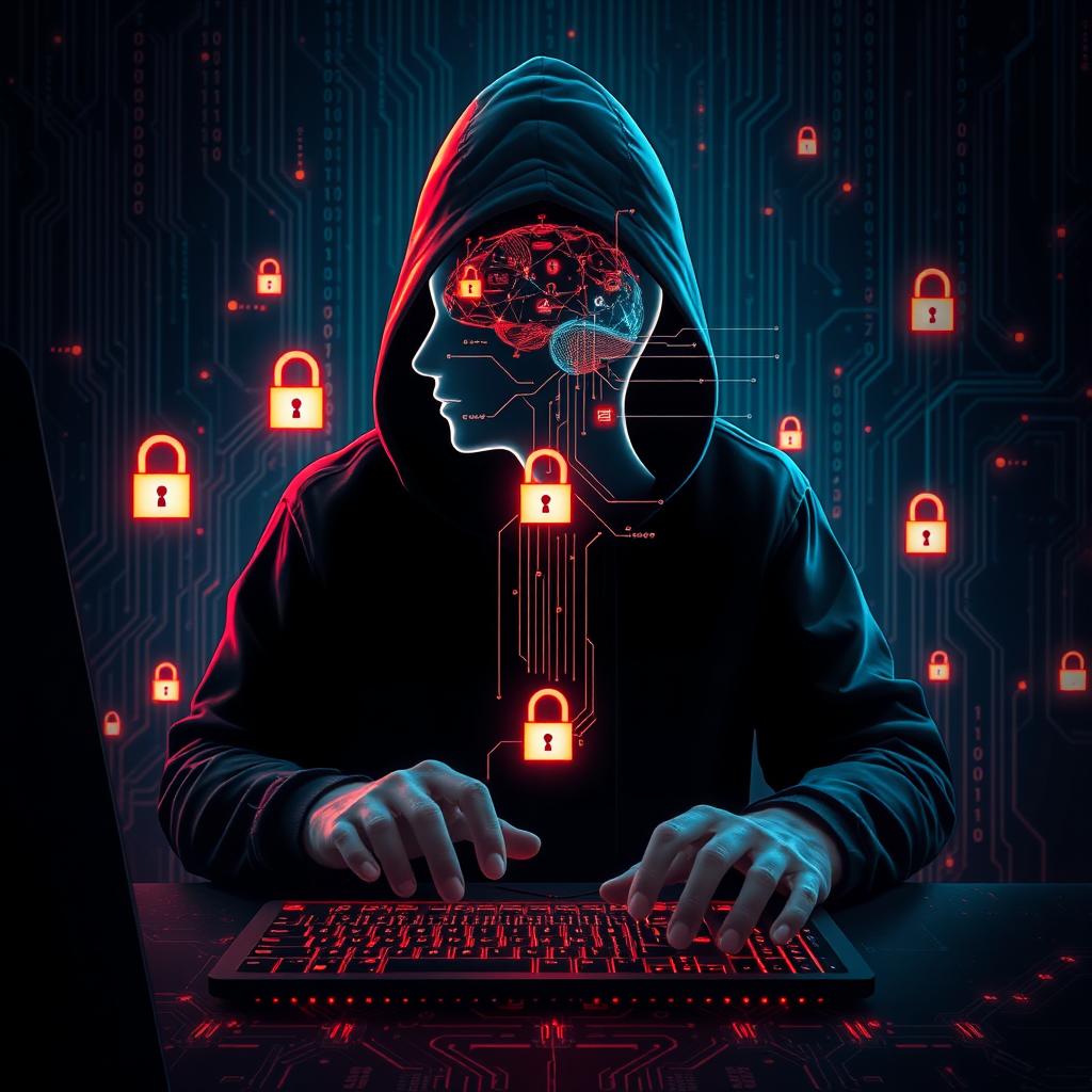 A captivating digital artwork illustrating a hacker breaking into a person's mind