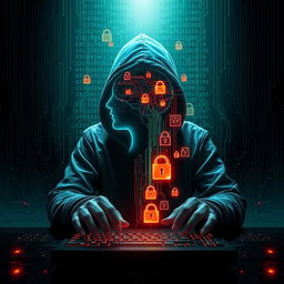 A captivating digital artwork illustrating a hacker breaking into a person's mind