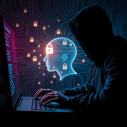 A captivating digital artwork illustrating a hacker breaking into a person's mind