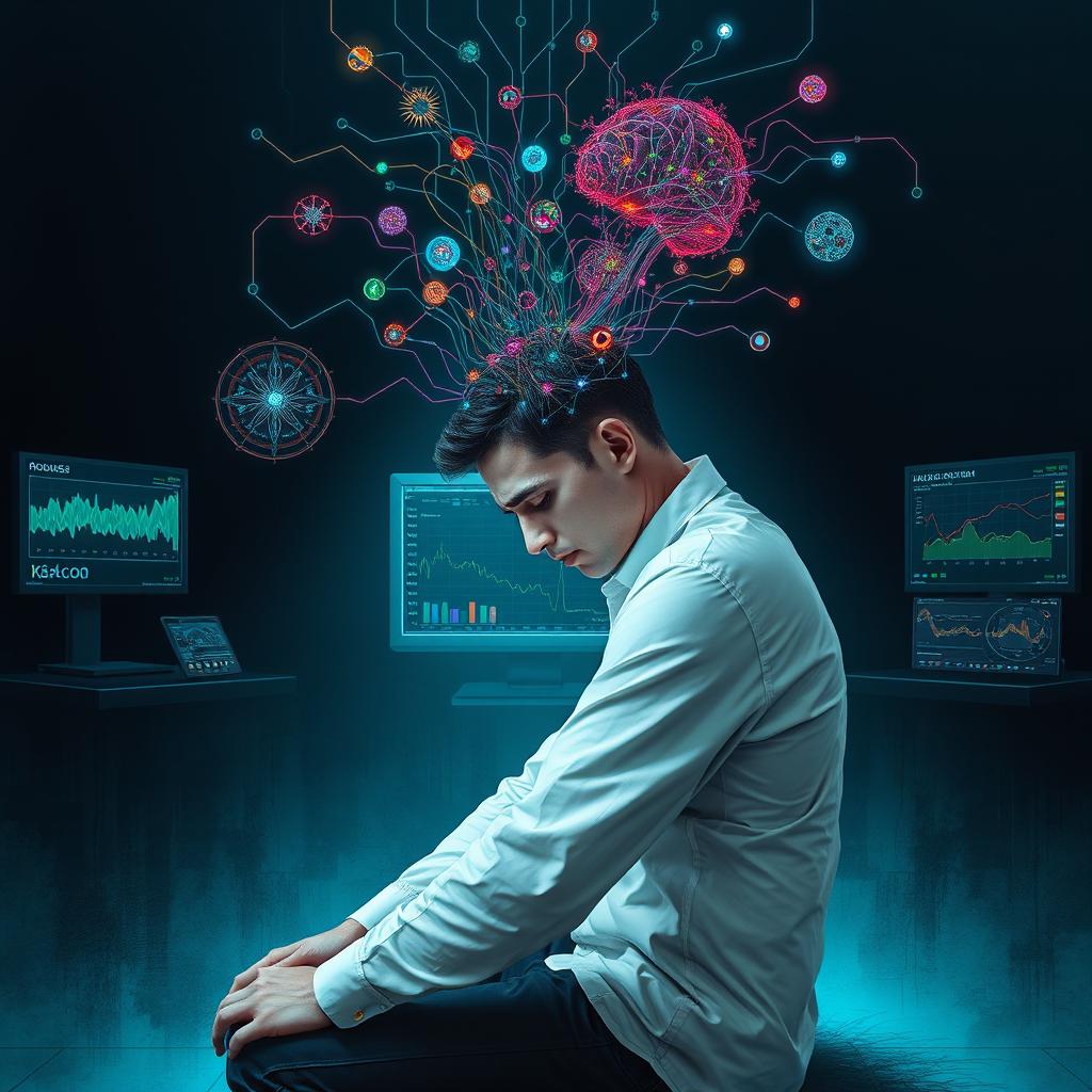 An evocative digital artwork illustrating the concept of remote neural monitoring, depicting a person sitting in a contemplative pose with a subtle look of distress