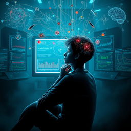 An evocative digital artwork illustrating the concept of remote neural monitoring, depicting a person sitting in a contemplative pose with a subtle look of distress