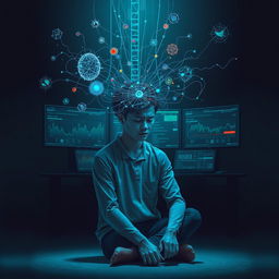 An evocative digital artwork illustrating the concept of remote neural monitoring, depicting a person sitting in a contemplative pose with a subtle look of distress