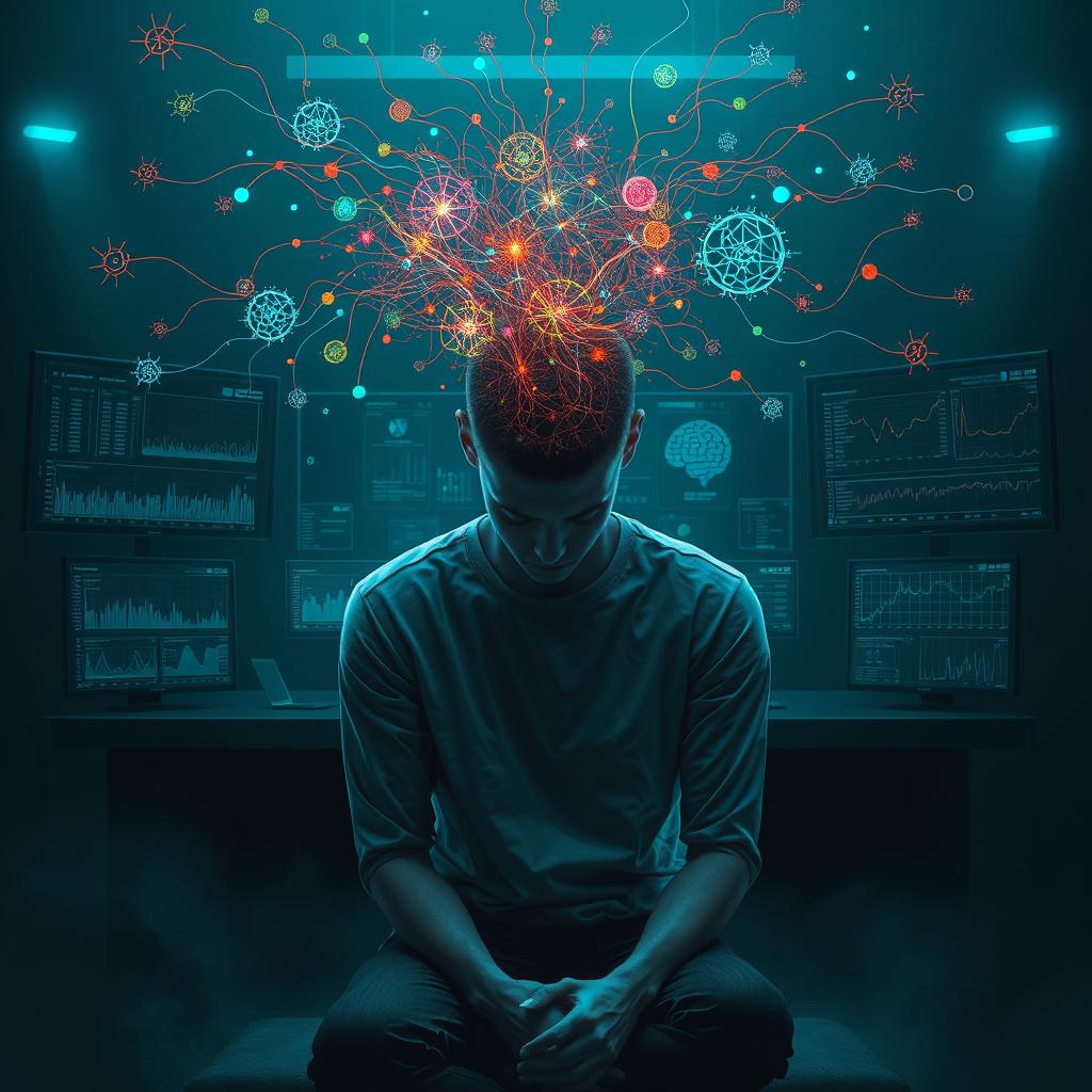 An evocative digital artwork illustrating the concept of remote neural monitoring, depicting a person sitting in a contemplative pose with a subtle look of distress