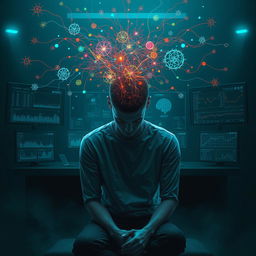 An evocative digital artwork illustrating the concept of remote neural monitoring, depicting a person sitting in a contemplative pose with a subtle look of distress