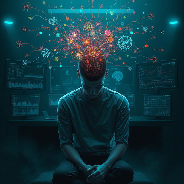 An evocative digital artwork illustrating the concept of remote neural monitoring, depicting a person sitting in a contemplative pose with a subtle look of distress