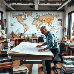 A dynamic scene featuring an architect in a modern office surrounded by global travel mementos and language resources