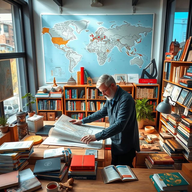 A dynamic scene featuring an architect in a modern office surrounded by global travel mementos and language resources