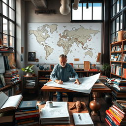 A dynamic scene featuring an architect in a modern office surrounded by global travel mementos and language resources