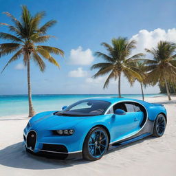 Animated image of a striking, glossy blue Bugatti Chiron perfectly positioned on a white sandy beach in the Maldives, with turquoise waters and palm trees in the background under a radiant, cloudless sky.