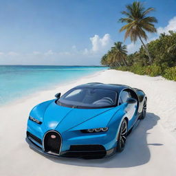 Animated image of a striking, glossy blue Bugatti Chiron perfectly positioned on a white sandy beach in the Maldives, with turquoise waters and palm trees in the background under a radiant, cloudless sky.