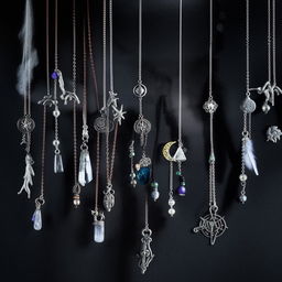 An assortment of magical witch necklaces, adorned with crystals, moon symbols, and rustic metal charms, shimmering under mysterious low light.