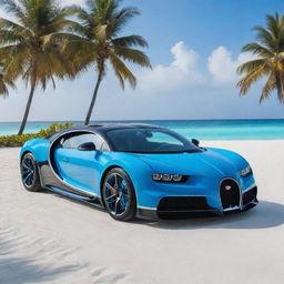 Animated image of a striking, glossy blue Bugatti Chiron perfectly positioned on a white sandy beach in the Maldives, with turquoise waters and palm trees in the background under a radiant, cloudless sky.