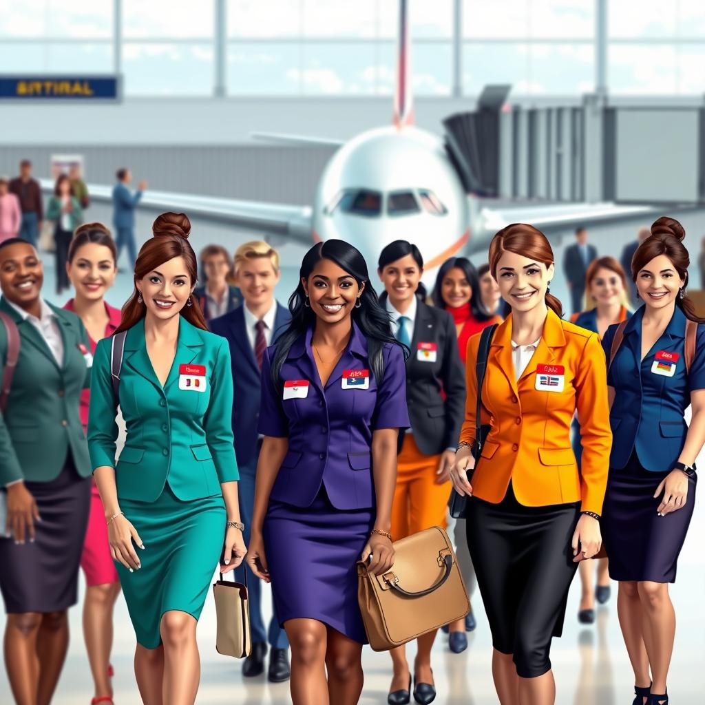 A dynamic scene depicting a diverse group of flight attendants at an international airport