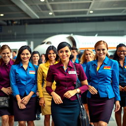 A dynamic scene depicting a diverse group of flight attendants at an international airport