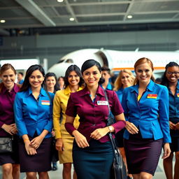 A dynamic scene depicting a diverse group of flight attendants at an international airport