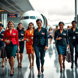 A dynamic scene depicting a diverse group of flight attendants at an international airport