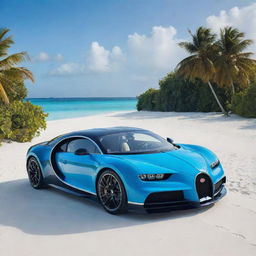 Animated image of a striking, glossy blue Bugatti Chiron perfectly positioned on a white sandy beach in the Maldives, with turquoise waters and palm trees in the background under a radiant, cloudless sky.