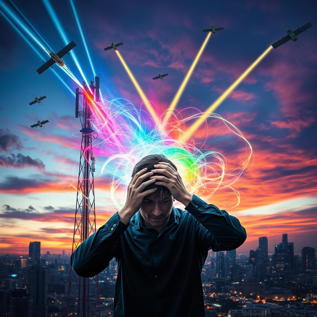 A dramatic scene showing a person in distress from an electromagnetic attack originating from a nearby cell tower and satellites overhead