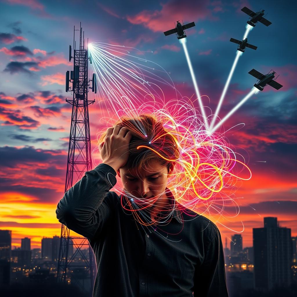 A dramatic scene showing a person in distress from an electromagnetic attack originating from a nearby cell tower and satellites overhead