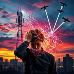 A dramatic scene showing a person in distress from an electromagnetic attack originating from a nearby cell tower and satellites overhead