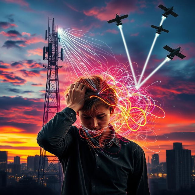 A dramatic scene showing a person in distress from an electromagnetic attack originating from a nearby cell tower and satellites overhead