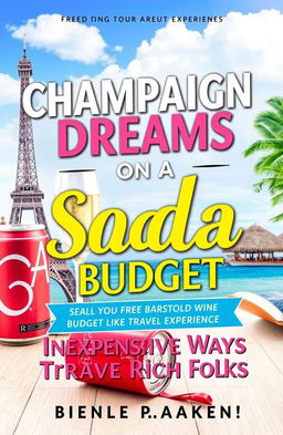 An engaging and colorful Kindle ebook cover for "Champaign Dreams on A Soda Budget: Inexpensive Ways To Travel Like Rich Folks"