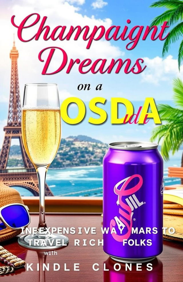 An engaging and colorful Kindle ebook cover for "Champaign Dreams on A Soda Budget: Inexpensive Ways To Travel Like Rich Folks"