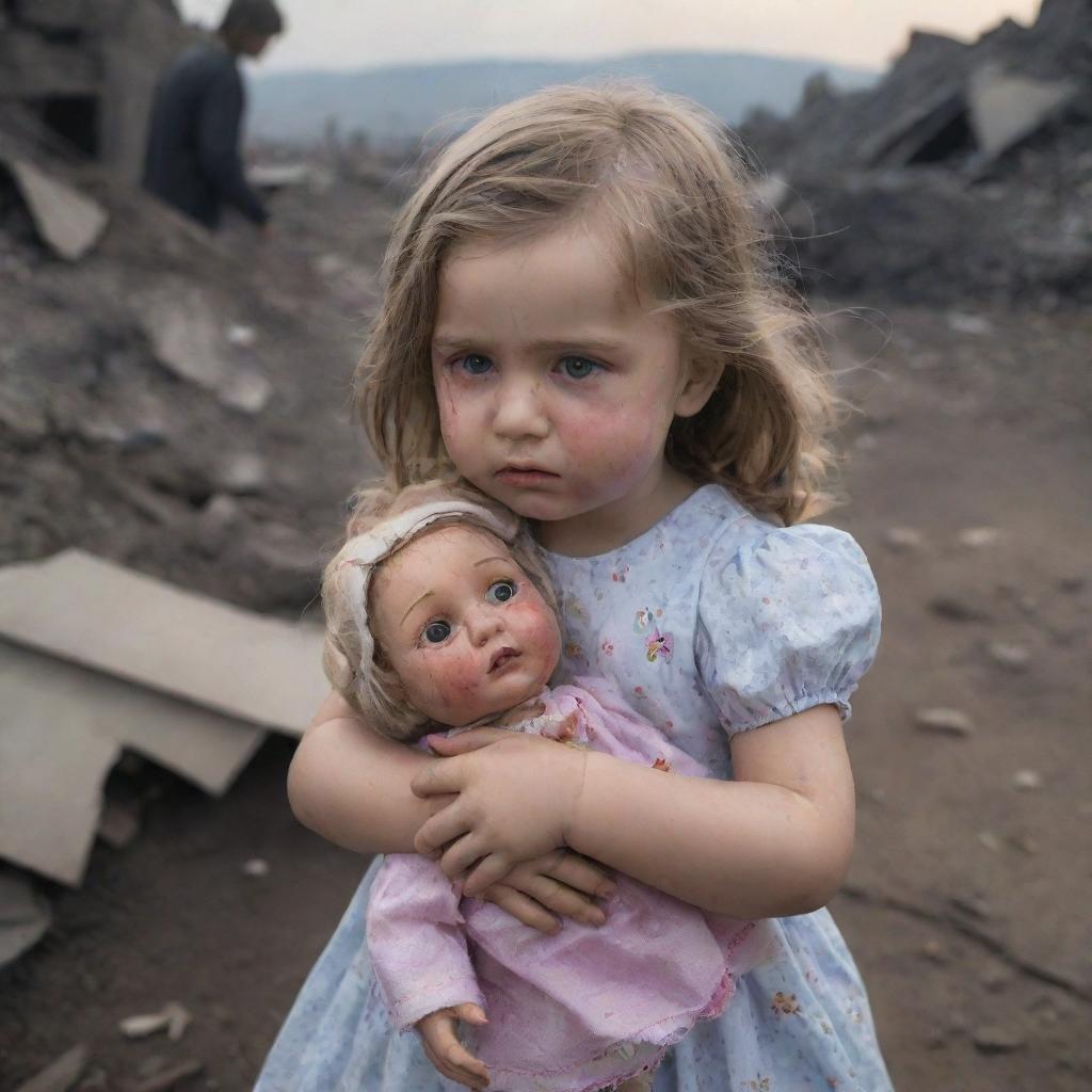 A little girl, with tears streaking down her face, grasping tightly onto a doll amidst the backdrop of a war-torn landscape reflecting chaos and destruction.