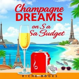 An enticing and vibrant Kindle ebook cover for "Champagne Dreams on A Soda Budget: Inexpensive Ways To Travel Like Rich Folks"